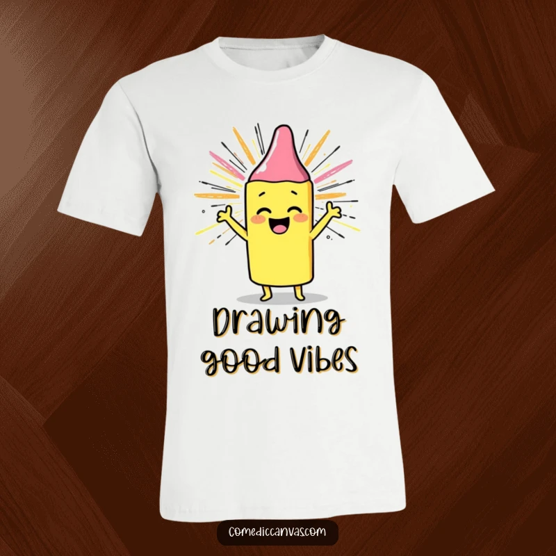 Funny t-shirt with a cheerful crayon drawing a sunburst, embodying creativity and joy, a perfect funny gift.