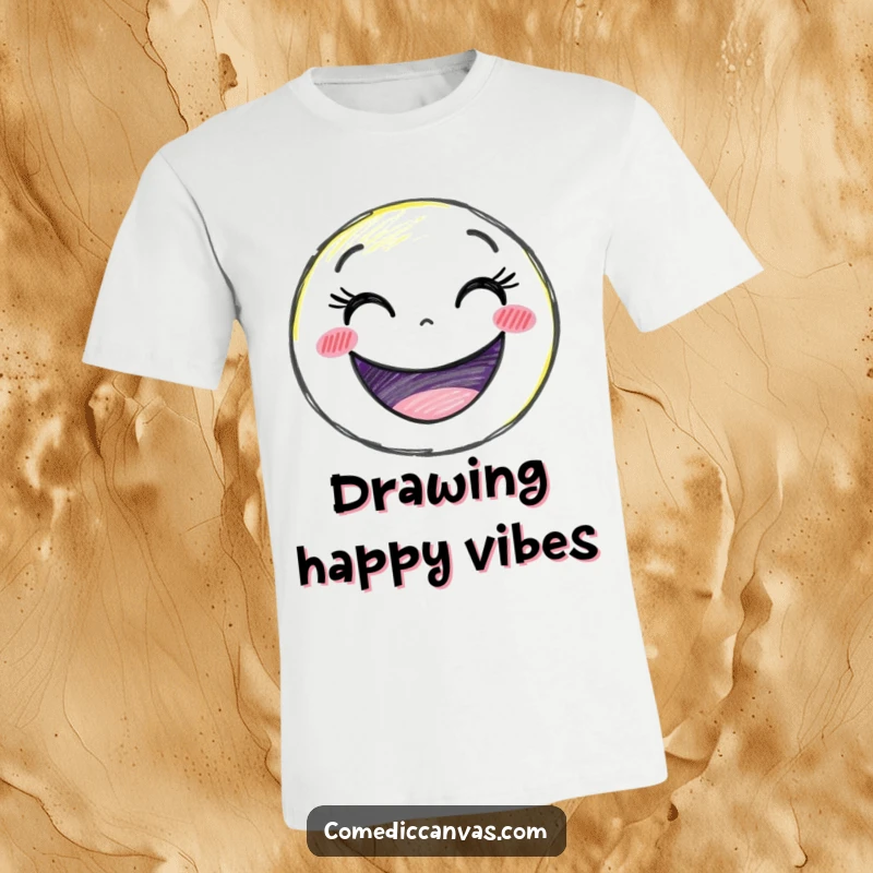 Funny delighted crayon character drawing a giant smiley face, a comical graphic tee for happy vibes.