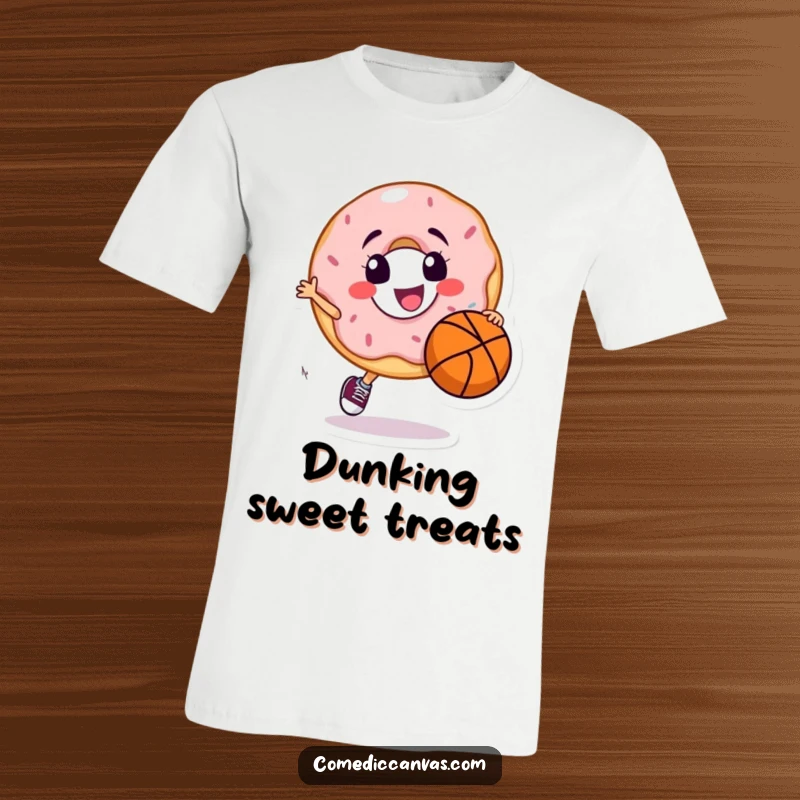 Funny t-shirt depicting a cheerful donut character skillfully dribbling a basketball with infectious joy and athletic flair.