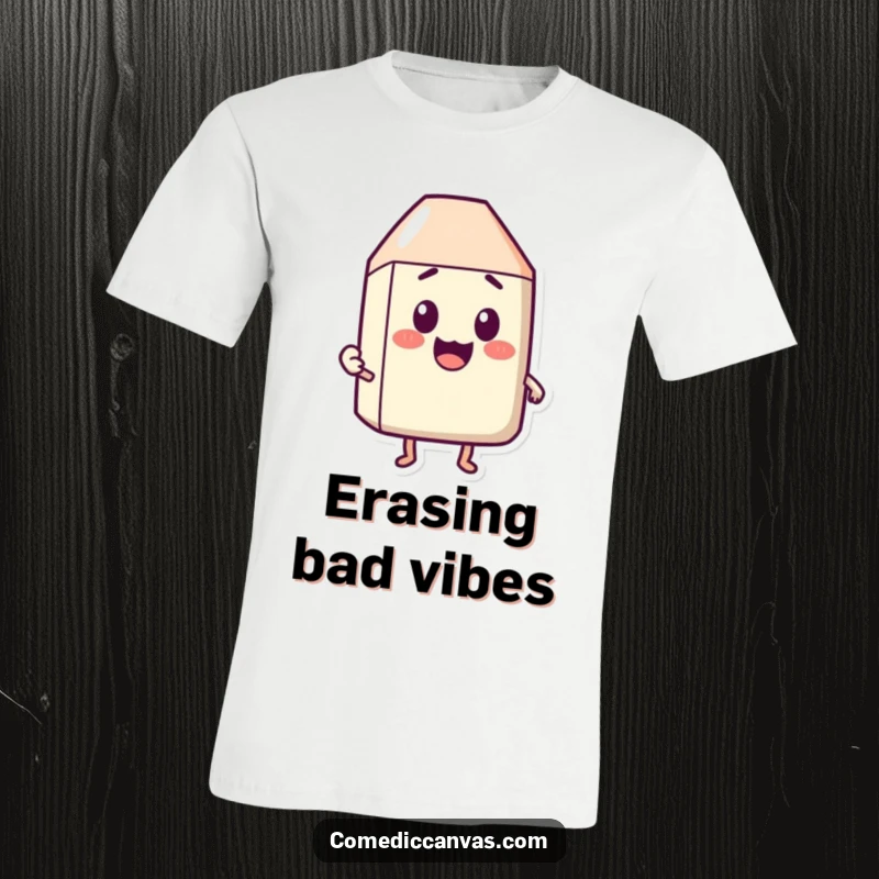 Funny t-shirt featuring a joyful eraser character actively erasing a shocked facial expression, conveying playful problem-solving.