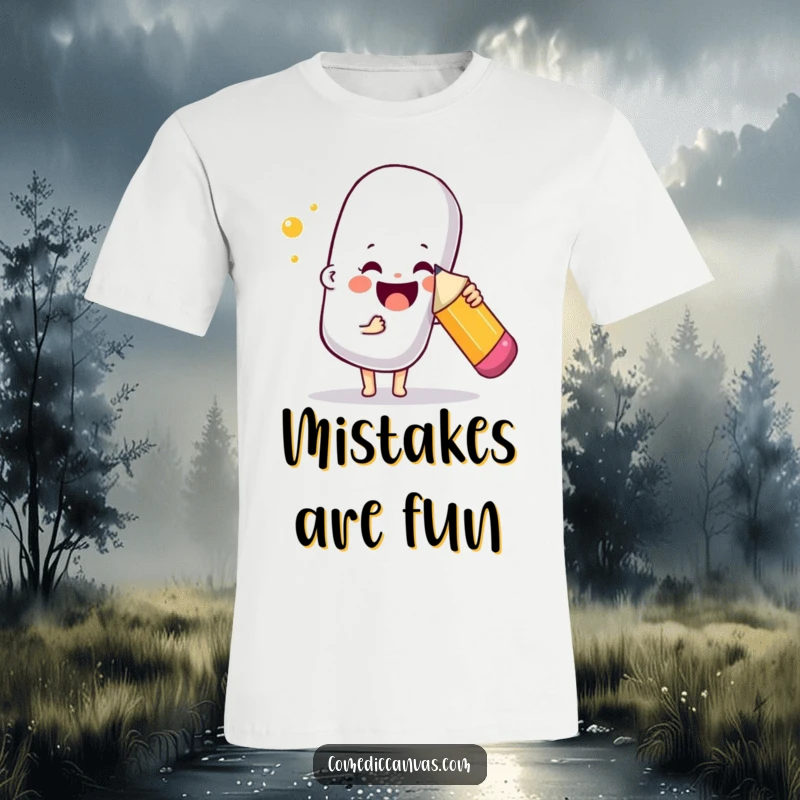 Funny t-shirt depicting a joyful character playfully poking a large, bouncy eraser with a pencil, highlighting art correction humor.