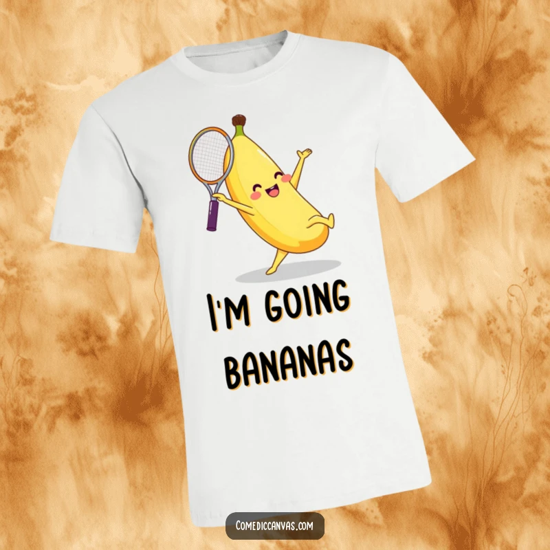 Funny banana character performing a dynamic cartwheel with a tennis racket, showcasing its energetic and humorous spirit on a t-shirt.