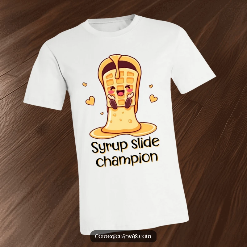 Funny cheerful waffle sliding down a syrup chute on a t-shirt, radiating breakfast happiness.