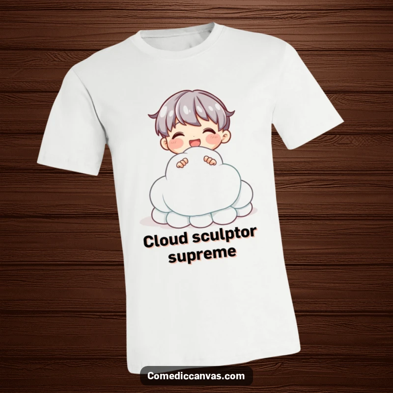 Funny t-shirt featuring a delighted character sculpting a cloud from shimmering clay, celebrating artistic creation and joyful expression.