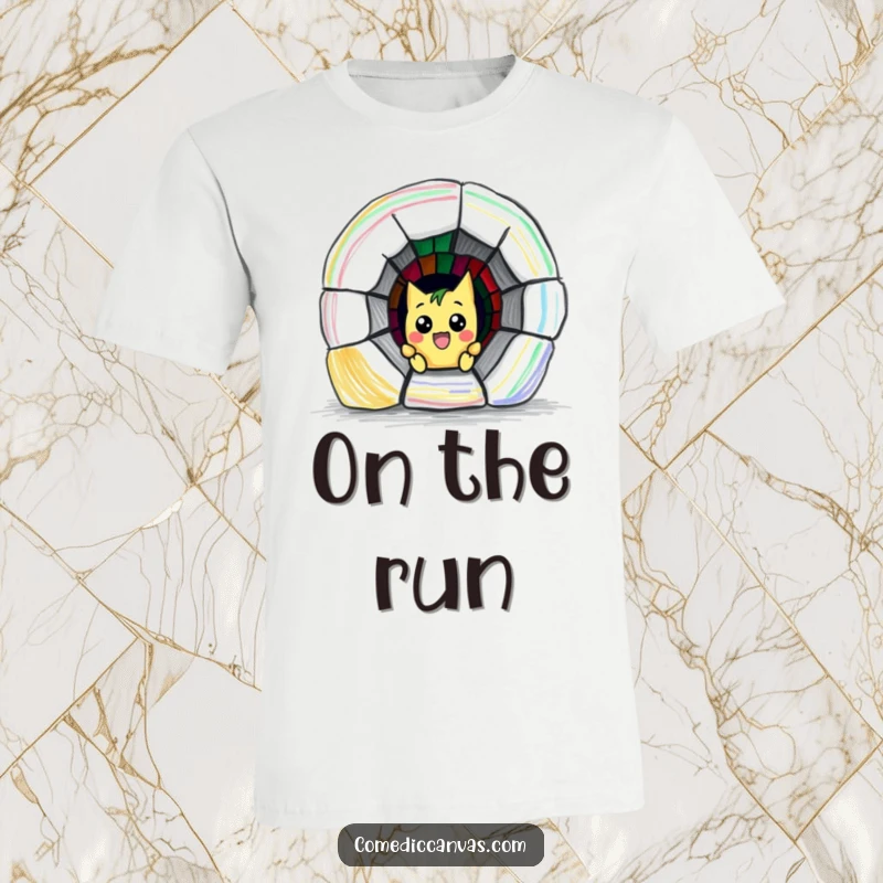 Funny t-shirt showcasing a mischievous crayon character humorously sketching a small, vibrant escape tunnel, radiating cleverness and mischief.