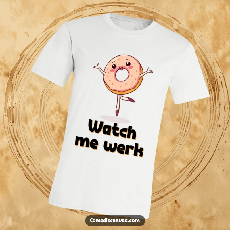 Funny t-shirt with a wobbly jelly donut executing a comical ballet pirouette, expressing joy and determination in its sweet, round form.
