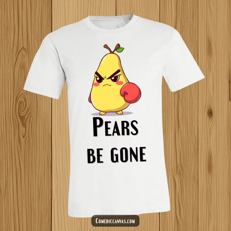 Funny grumpy pear with a small boxing glove glaring on a t-shirt, perfect for tough characters.