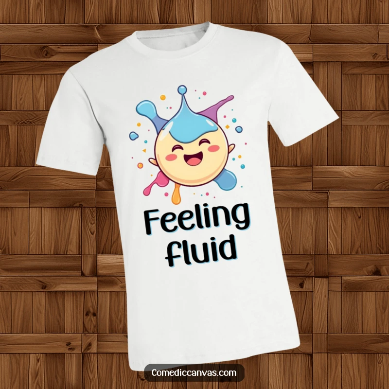 Funny t-shirt featuring a happy spherical ink drop character gleefully splattering itself, embodying carefree joy and exuberant energy.