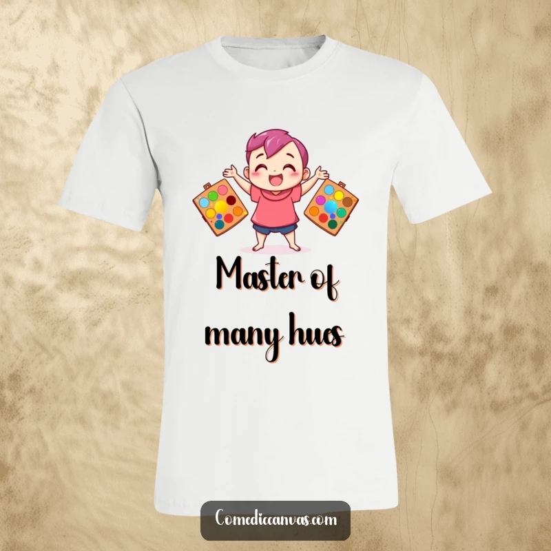Funny t-shirt featuring a happy character juggling three vibrant art palettes, symbolizing artistic skill and colorful expression.