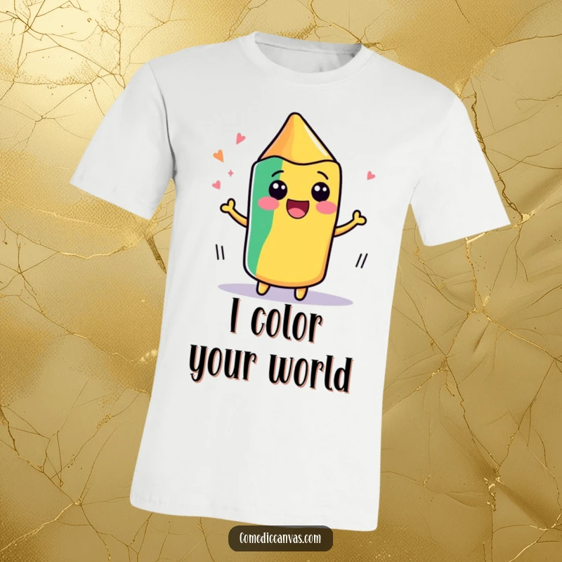 Funny t-shirt featuring a cute, kawaii crayon wiggling with delight as it draws, perfect for art lovers.