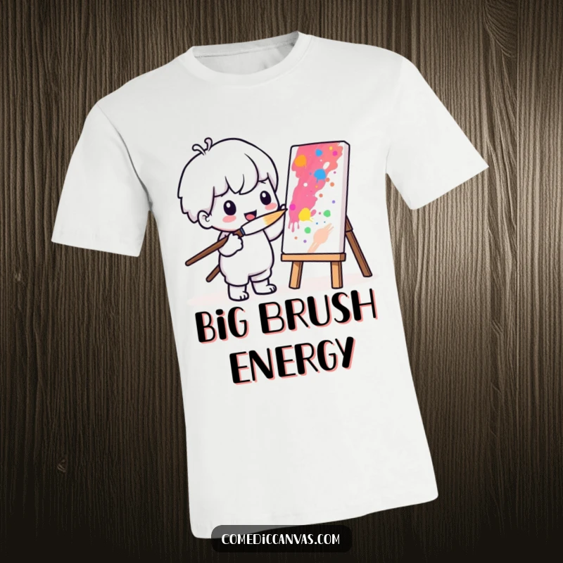 Funny t-shirt graphic of a cute Kawaii character painting a colorful masterpiece using a comically large paintbrush.