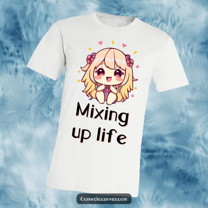 Funny kawaii artist's palette mixing vibrant colors with glee, a humorous t-shirt celebrating creativity and joy.