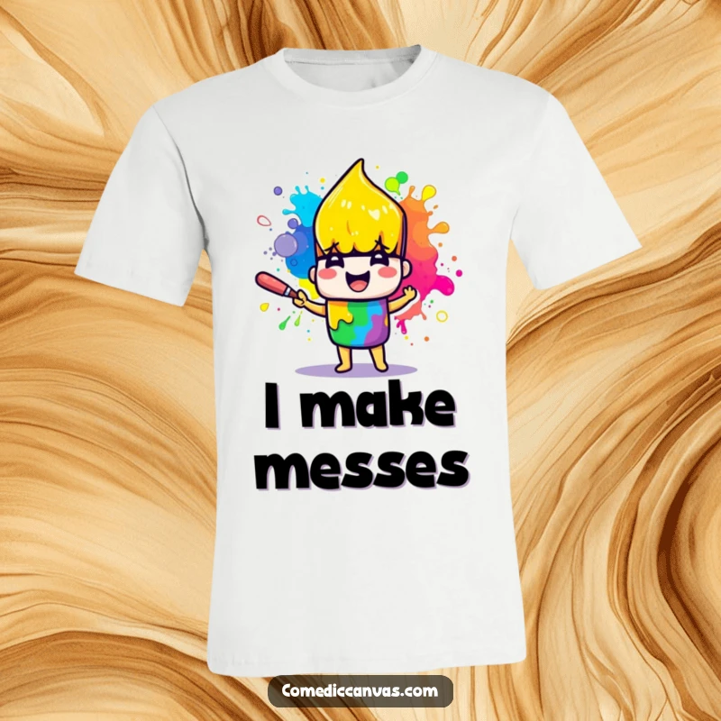 Funny t-shirt featuring a cheerful paintbrush character joyfully splattering bright rainbow paint, radiating artistic fun.