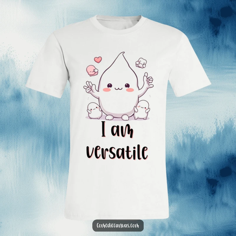 Funny playful clay blob character changing into different abstract shapes, graphic t-shirt, humorous artistic illustration.