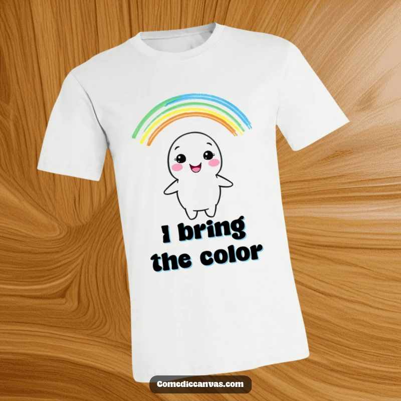 Funny t-shirt with a smiling crayon character joyfully drawing a bright, colorful rainbow, celebrating creativity and happiness.
