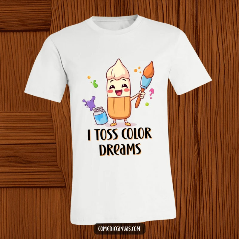 Funny t-shirt with a cheerful paintbrush character skillfully juggling colorful paint pots, highlighting artistic fun and creative energy.