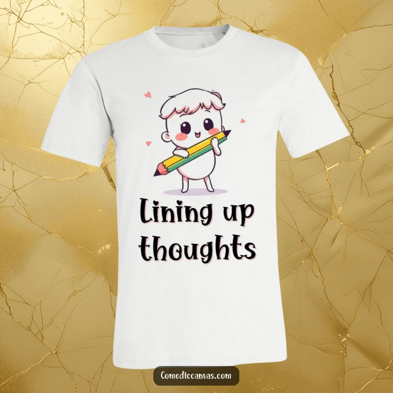Funny kawaii pencil actively sketching a fast, dynamic line, a humorous t-shirt celebrating artistic spontaneity and fun.