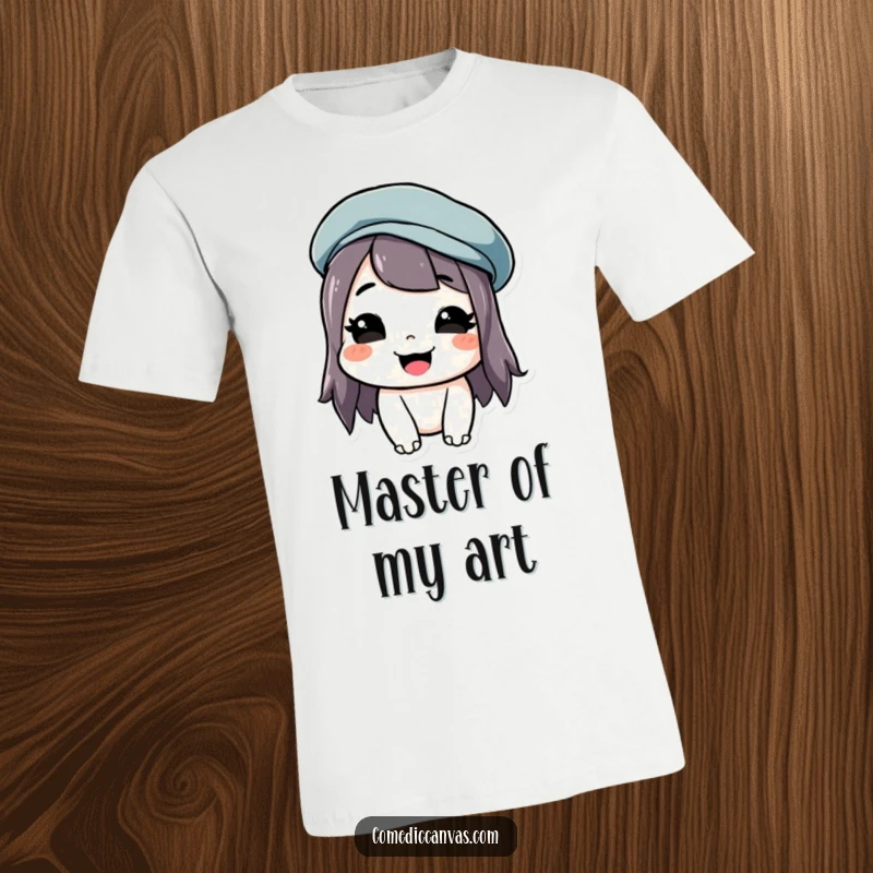 Funny t-shirt displaying a cheerful artist with a tilted beret and a big grin, radiating artistic joy.