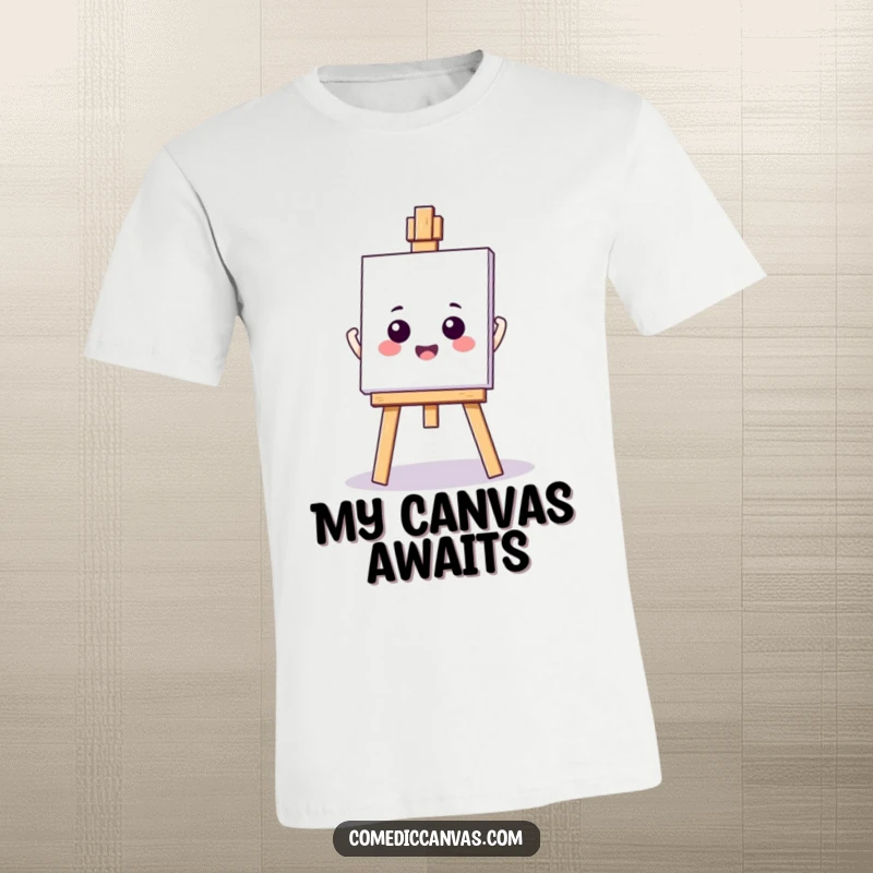 Funny kawaii easel holding a blank canvas with excitement, a humorous tee representing artistic potential and anticipation.