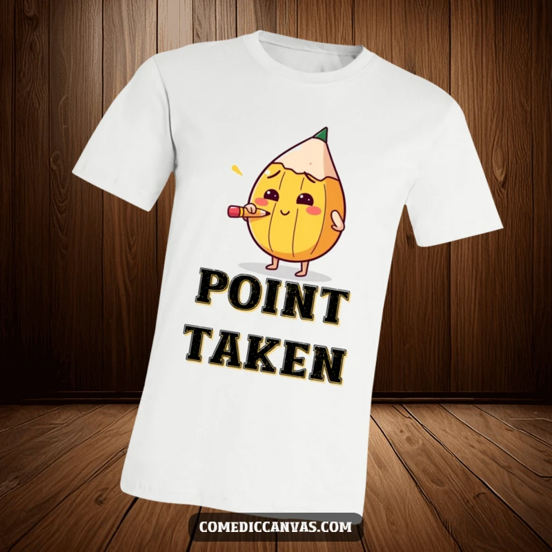 Funny t-shirt depicting a round pencil character intensely sharpening itself, embodying focus and the effort of creation.