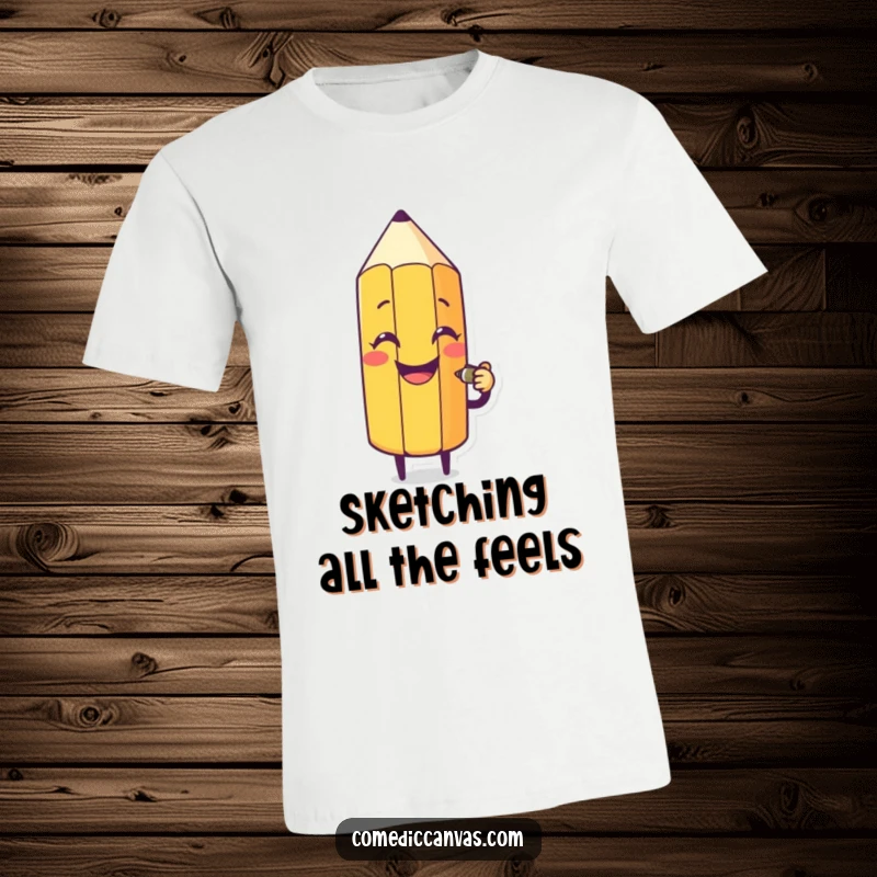 Funny t-shirt showing a happy pencil character drawing a very silly and exaggerated face with great enthusiasm, promoting artistic fun.