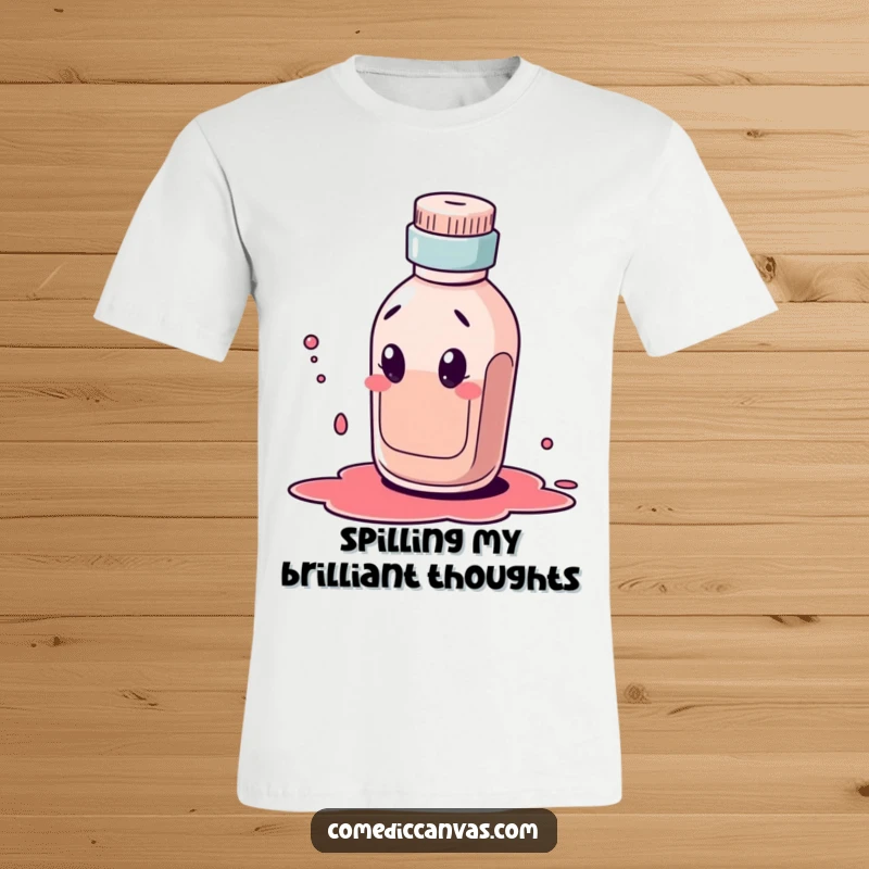 Funny t-shirt featuring a curious ink bottle character comically dribbling a large, messy ink blot, perfect for art lovers.