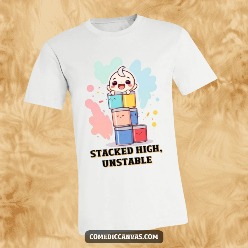 Funny t-shirt graphic of a laughing character barely balancing a precarious tower of colorful paint cans.