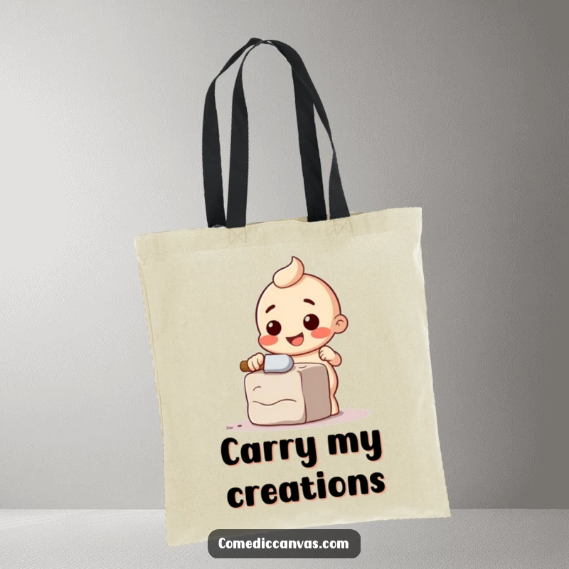 Funny tote bag with a happy chisel character comically chipping away at a block of clay, for artists.