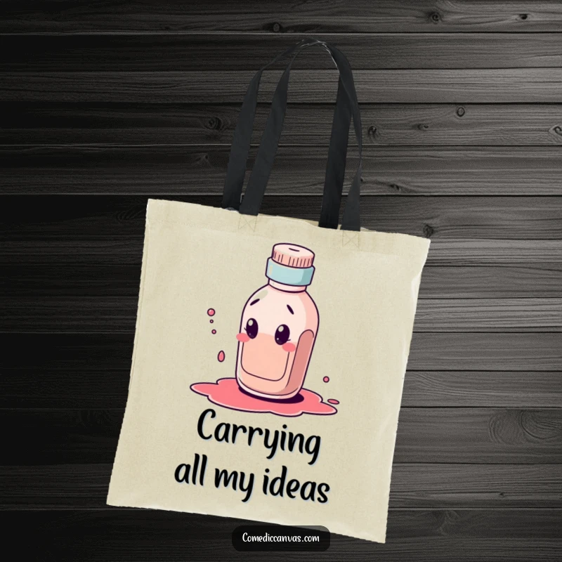 Funny tote bag featuring a curious ink bottle character comically dribbling a large ink blot, perfect for carrying art supplies.