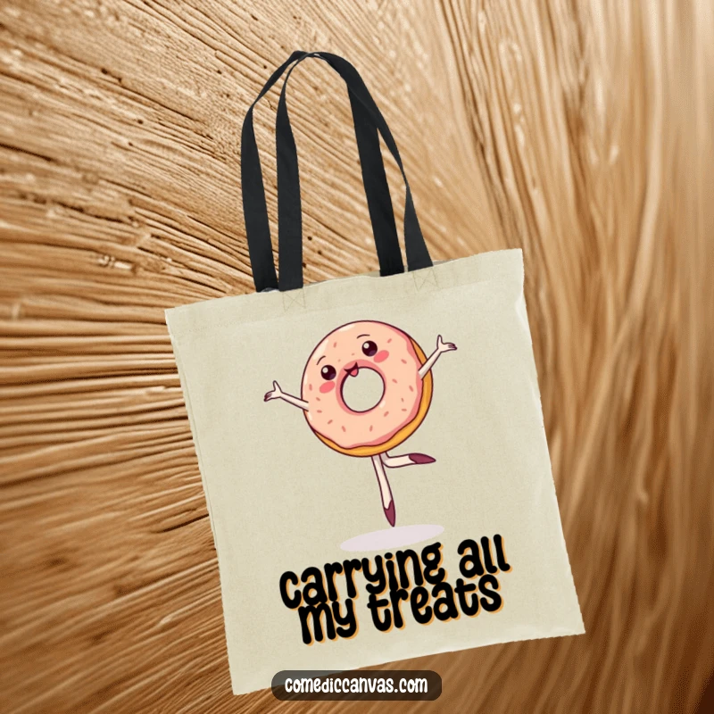Funny tote bag displaying a wobbly jelly donut attempting a graceful ballet pirouette, capturing its endearing and slightly clumsy performance.