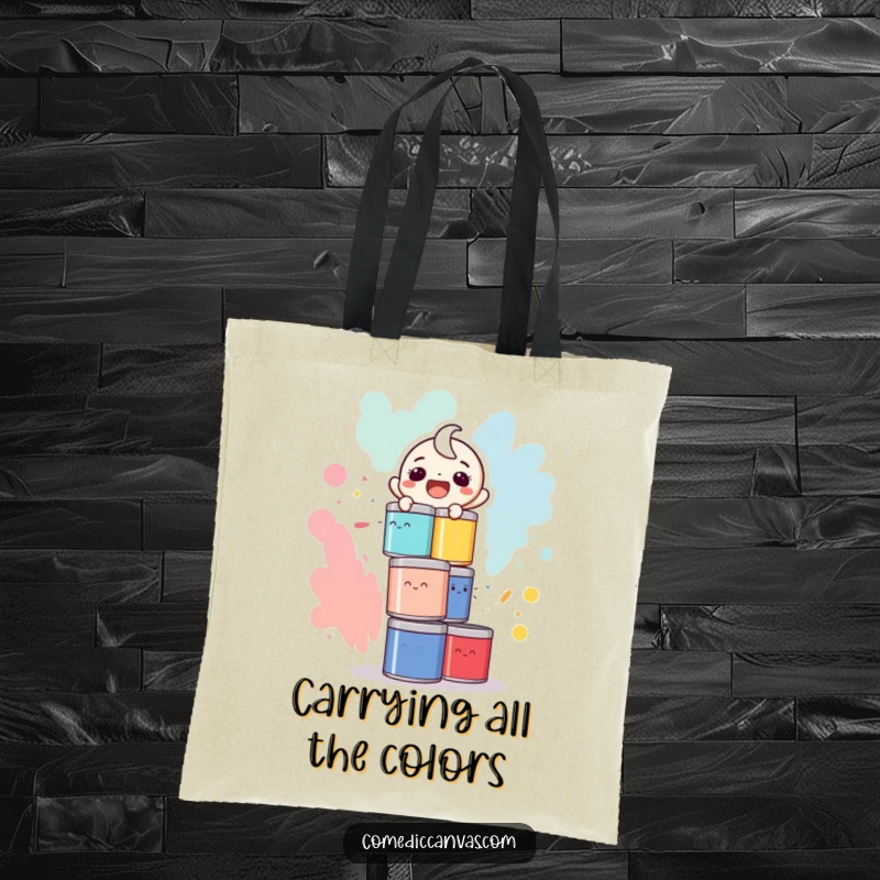 Funny tote bag featuring a laughing character balancing a tall stack of colorful paint cans precariously.