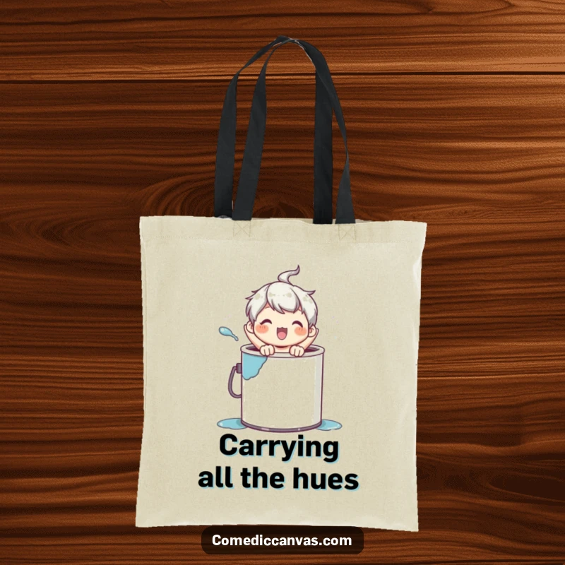 Funny tote bag illustrating a character joyfully popping out of a paint can, ideal for carrying art supplies.