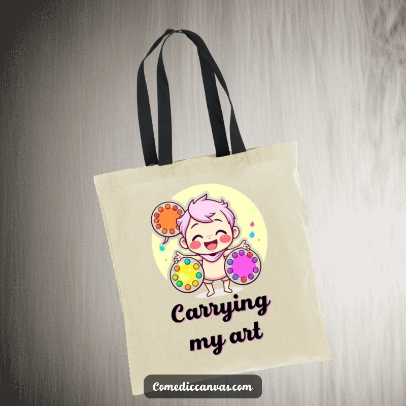Funny tote bag with a happy character juggling colorful art palettes, ideal for carrying art supplies with a humorous touch.