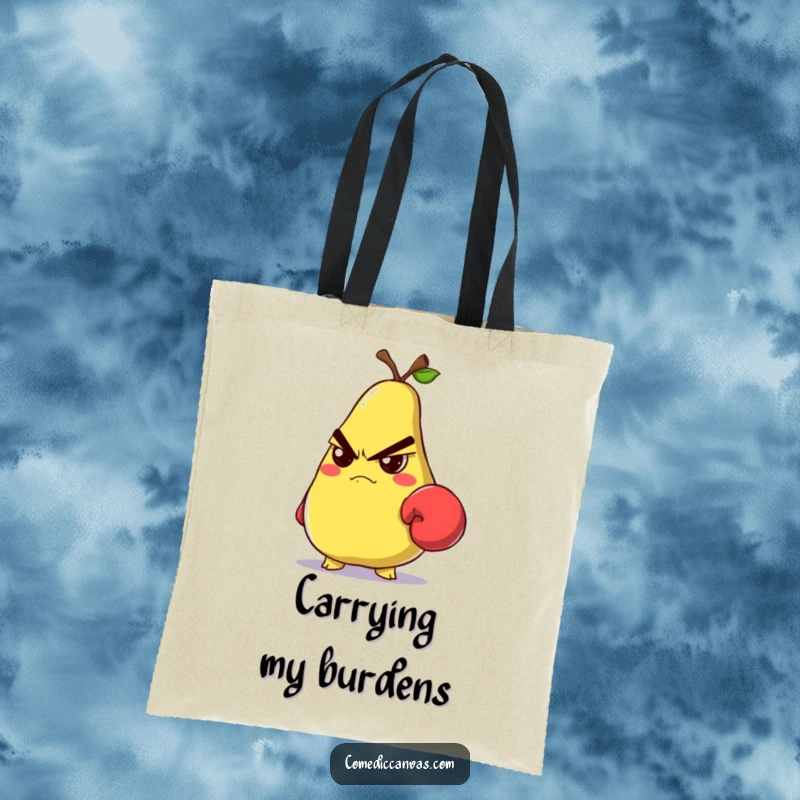 Funny grumpy pear with a small boxing glove glaring on a sturdy tote bag for daily use.