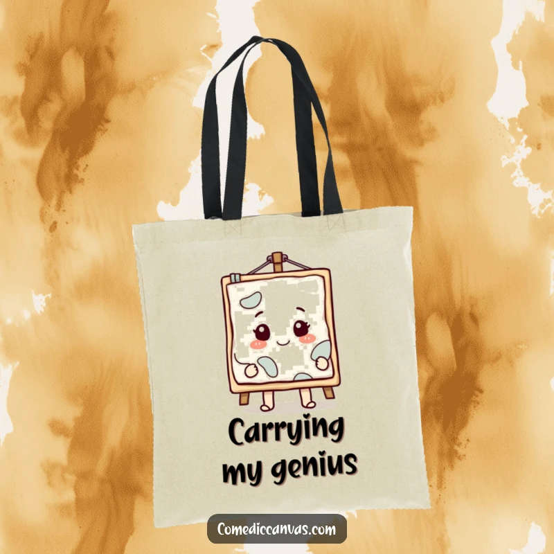 Funny smiling canvas character with a masterpiece emerging, a durable and humorous tote bag.
