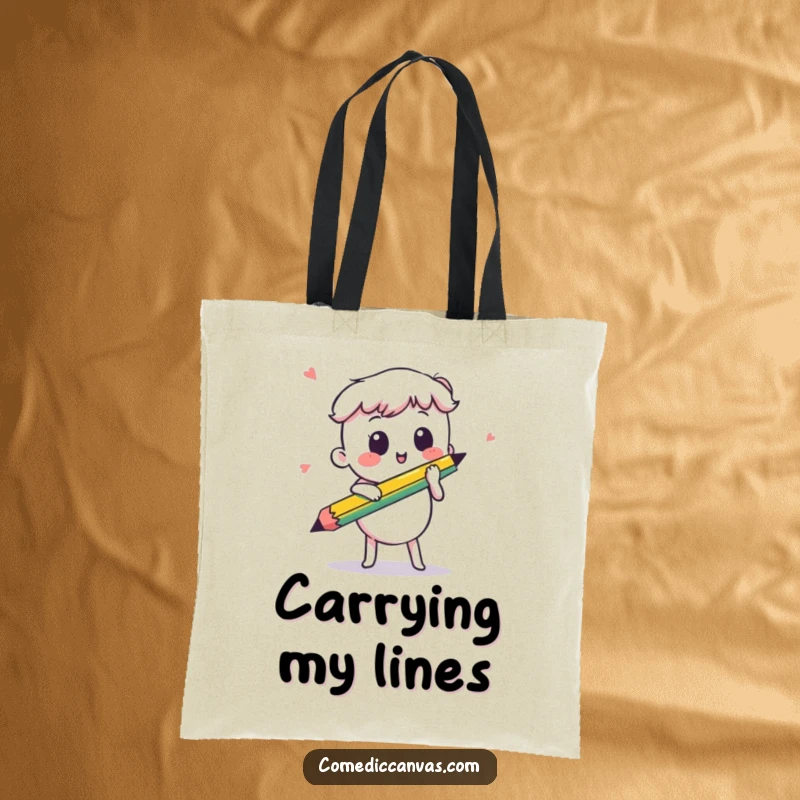 Funny kawaii pencil making an energetic sketch mark, a durable tote bag for artists, symbolizing on-the-go creativity and fun.