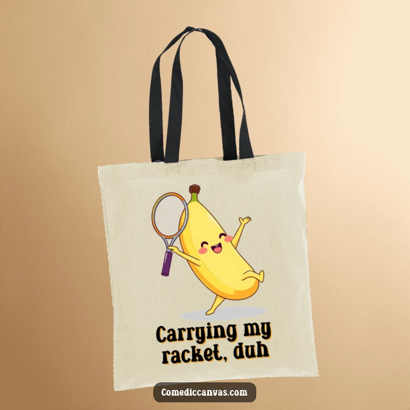 Funny banana character doing a cartwheel with a tennis racket, printed on a durable tote bag for a humorous touch.