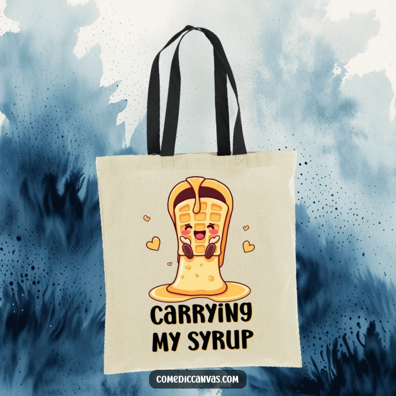 Funny cheerful waffle sliding down a syrup chute on a sturdy tote bag for shopping.