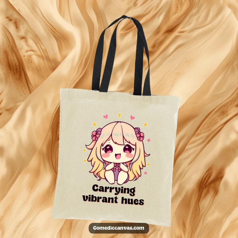Funny kawaii artist's palette mixing hues, a stylish tote bag for carrying art supplies and essentials, full of color and humor.