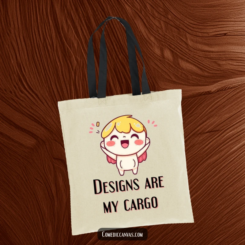 Funny tote bag with a cheerful art paper character excitedly accepting a colorful design, great for carrying creative essentials with flair.