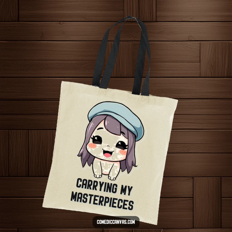 Funny tote bag with a grinning artist wearing a tilted beret, ideal for carrying art supplies.