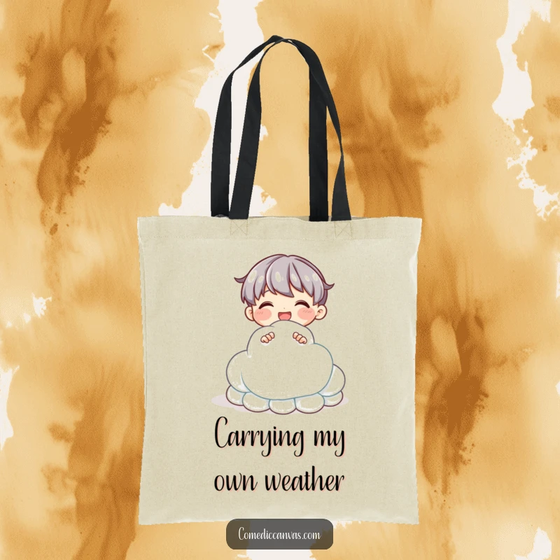 Funny tote bag showing a delighted character sculpting a cloud from shimmering clay, ideal for artists and creative errands.