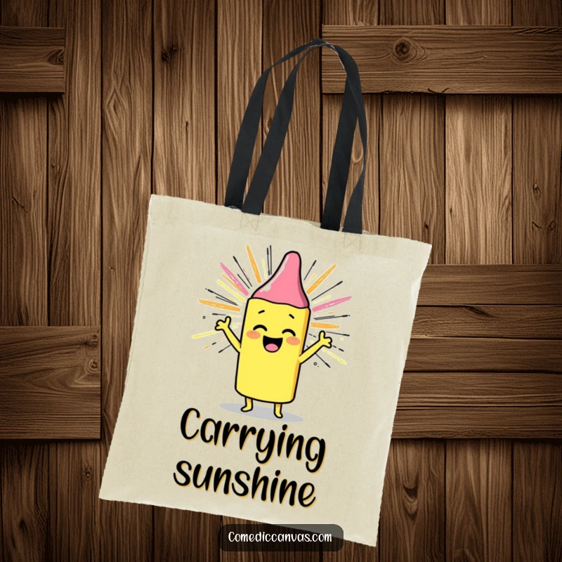 Funny tote bag with a cheerful crayon drawing a sunburst, perfect for carrying creative supplies, a funny gift.