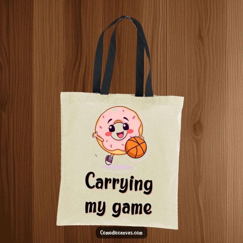 Funny tote bag showcasing a smiling donut character dribbling a basketball with playful skill, perfect for sports enthusiasts.