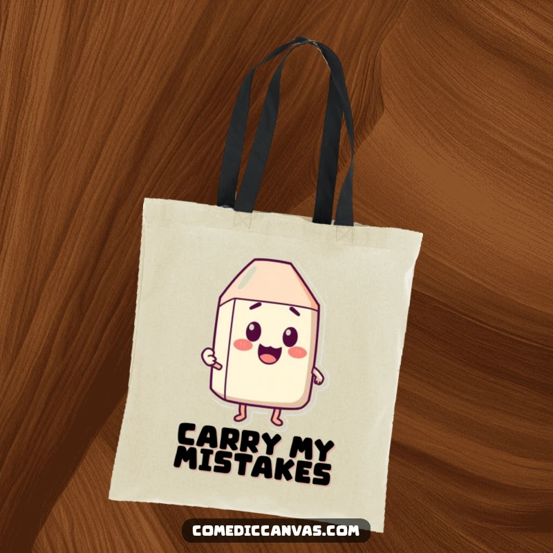 Funny tote bag featuring a happy eraser character erasing a surprised expression, a humorous and practical accessory.
