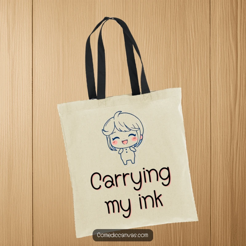 Funny Ink Pen Tote Bag with a joyful character creating elegant, flowing strokes, perfect for carrying creative supplies.