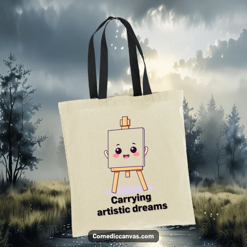 Funny kawaii easel holding a blank canvas, a stylish tote bag for artists, conveying creative excitement and humor.