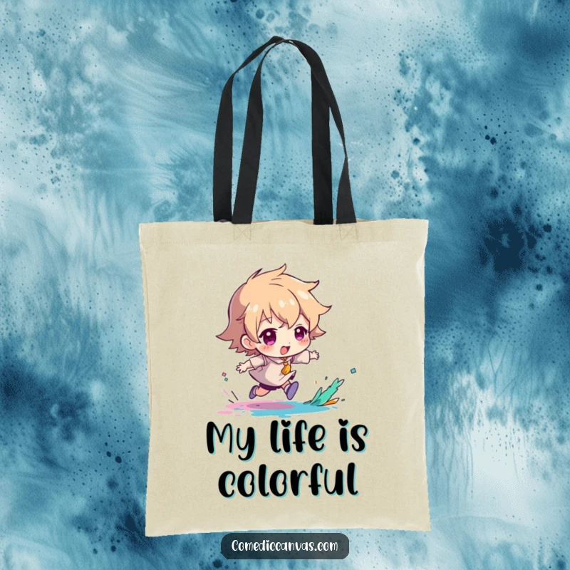 Funny tote bag illustrating a character playfully chasing a splash of paint, great for art supplies.
