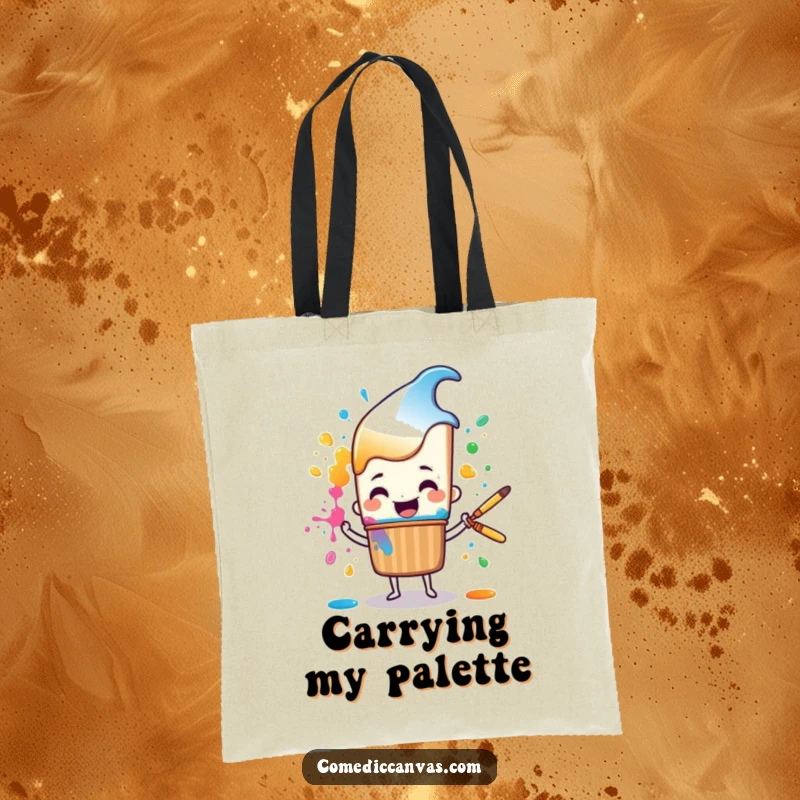 Funny cheerful paintbrush character happily splattering colorful paint, a durable and humorous tote bag.