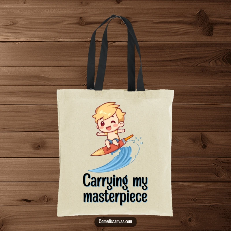 Funny tote bag depicting a character riding a paintbrush surfboard down a colorful canvas wave, symbolizing artistic passion.